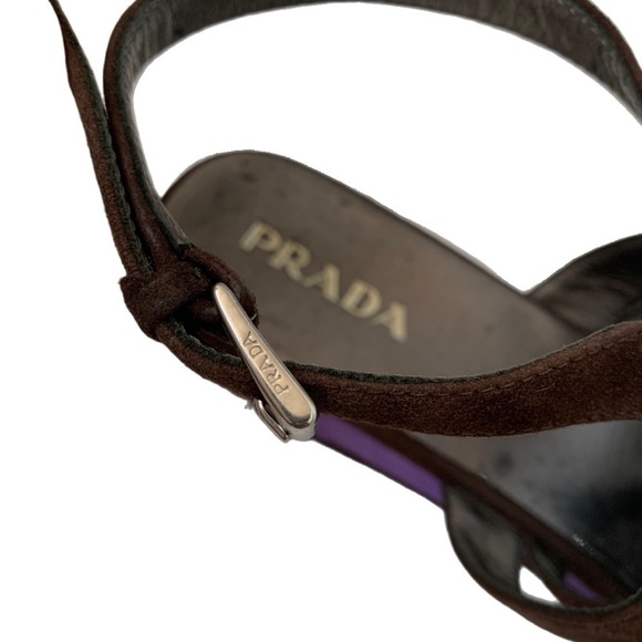 Prada Calzature Donna Ankle Strap Suede Leather Peep Toe Wedge Heel, Brown sz 38 - Picture 5 of 9